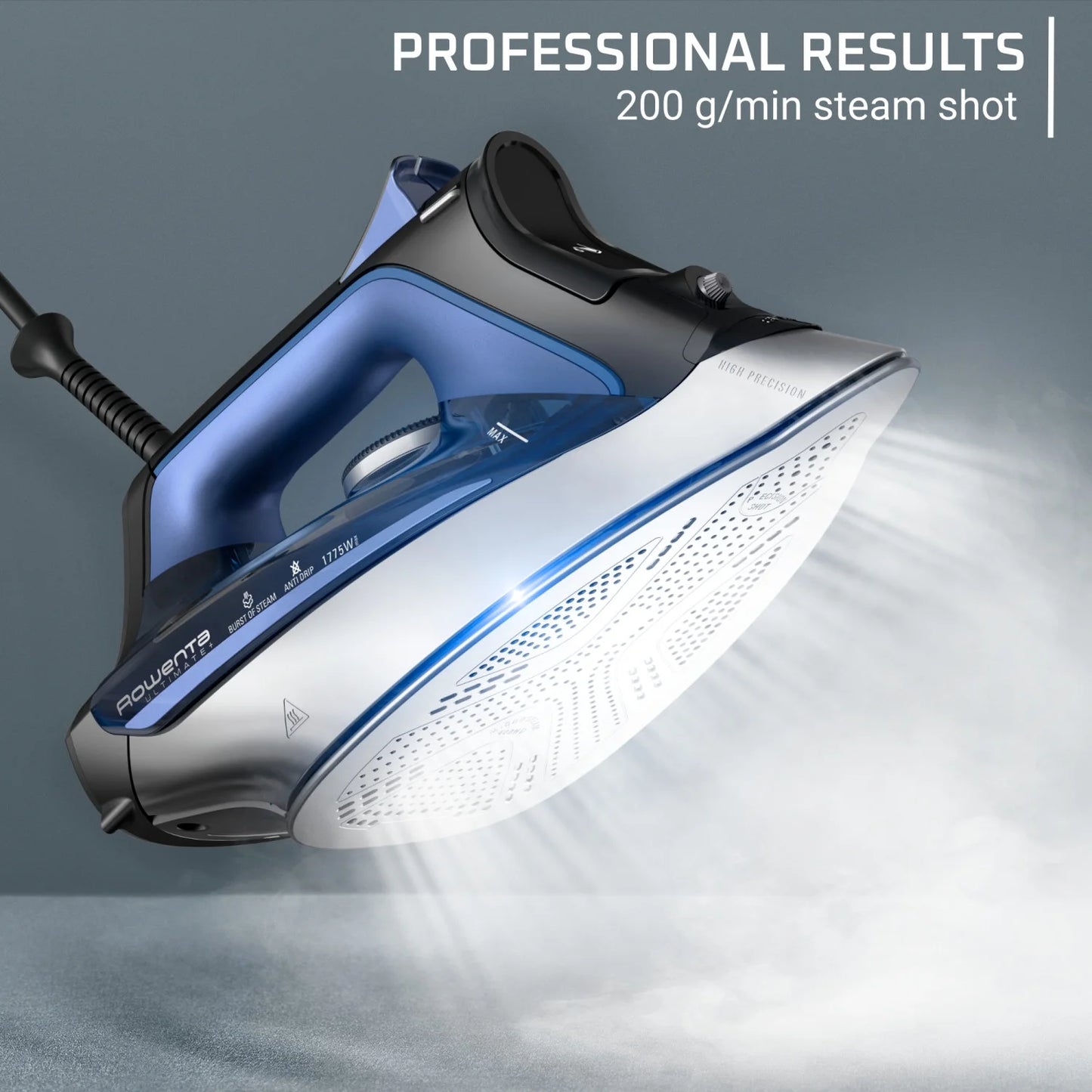 Compact Steam Iron Rowenta Ultimate+ Steam Iron, Vertical Steam, Auto-Off, Black & Blue