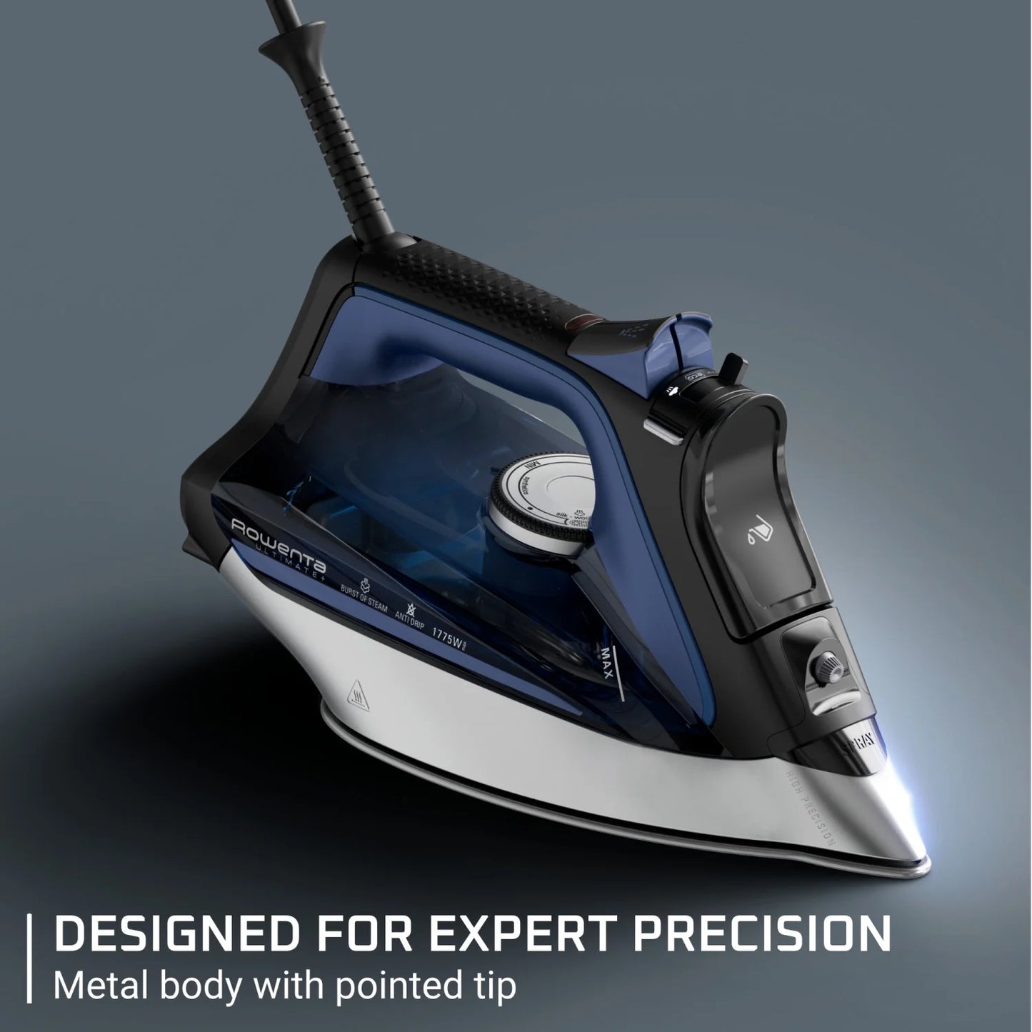 Compact Steam Iron Rowenta Ultimate+ Steam Iron, Vertical Steam, Auto-Off, Black & Blue